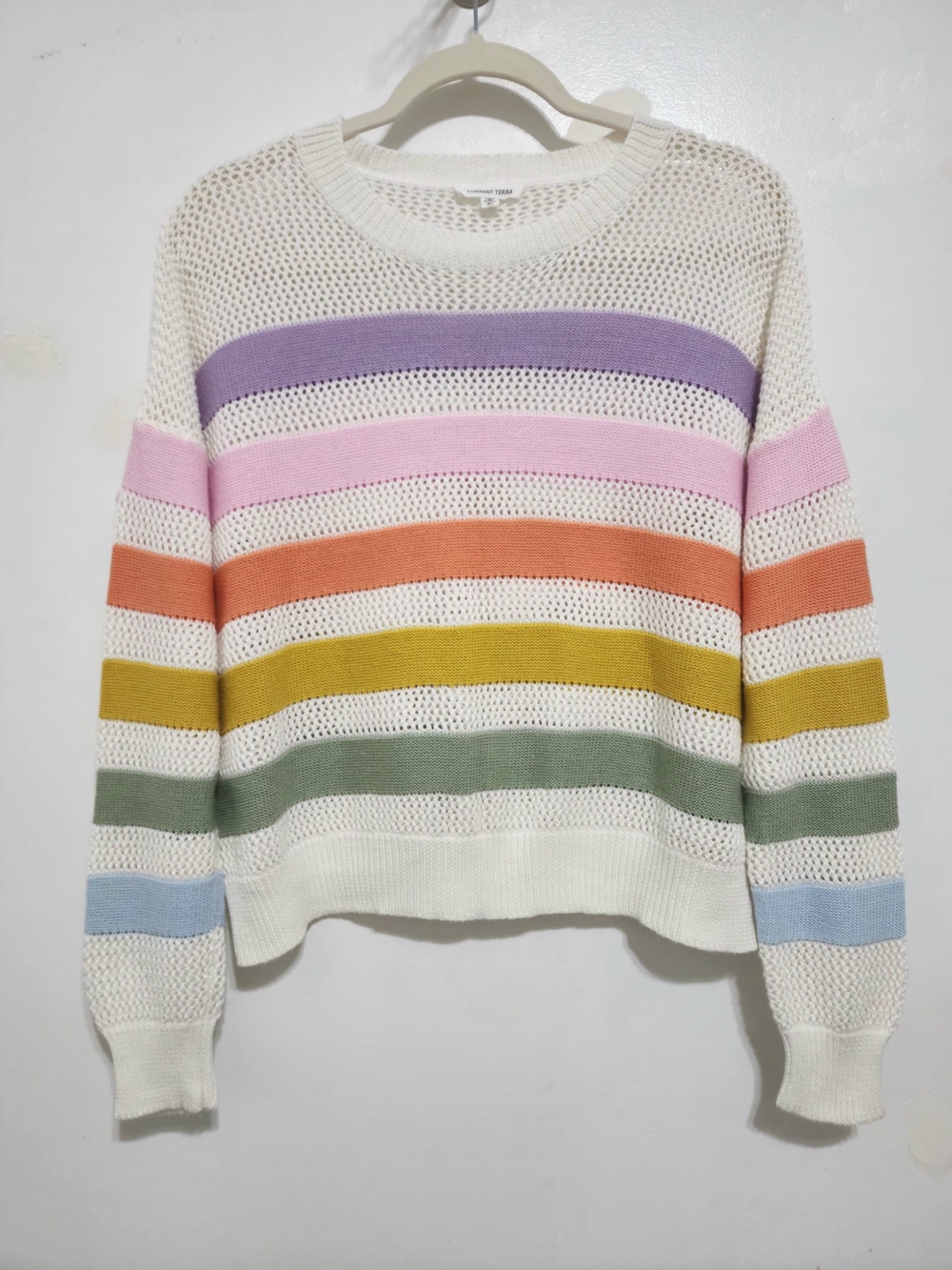 Cream Open-Knit Crewneck Sweater with Pastel Stripes 100% Cotton Size XL